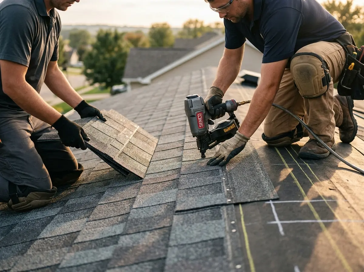 Professional roofer working on a residential roof in Hoover